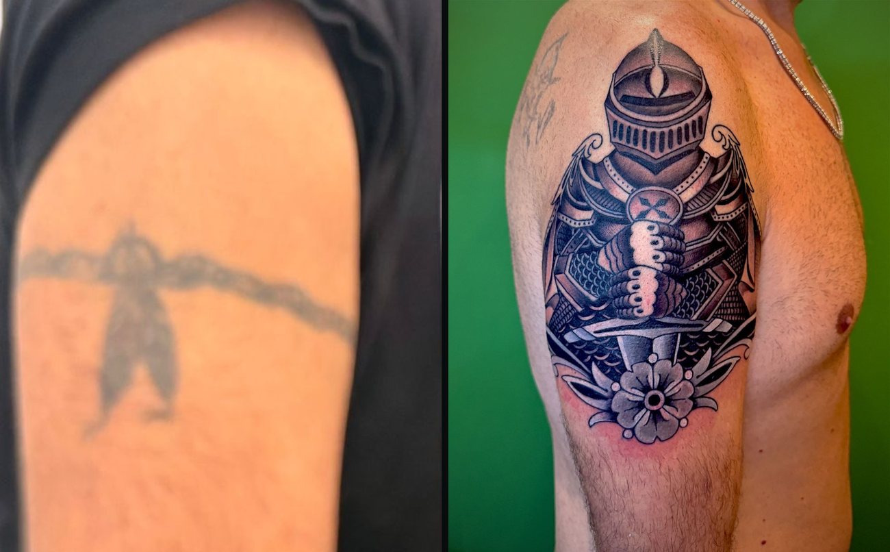 Cover-up tattoo before and after: old barbed-wire armband with feathers covered with a traditional knight on the shoulder