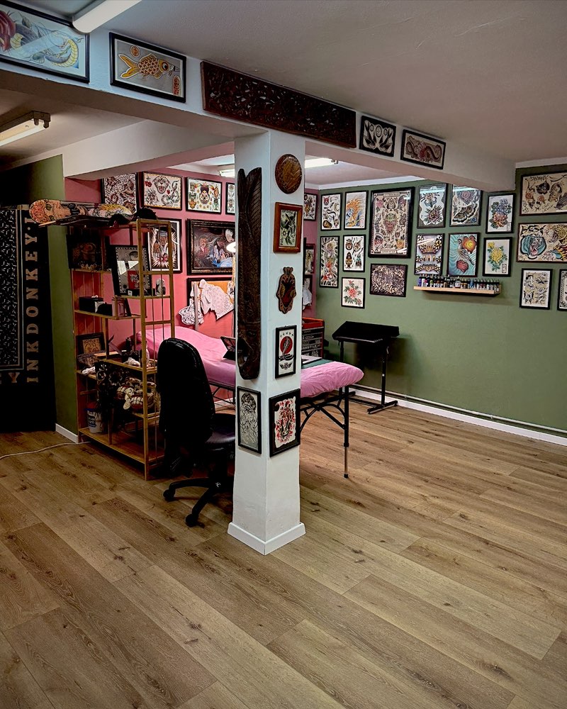The work room at InkDonkey tattoo studio in Even Yehuda
